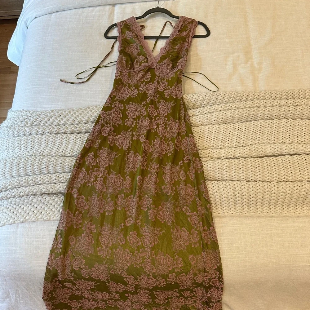 Green and Pink Luxe Satin Slip Dress with Tie Back Closure - Picture 1 of 2